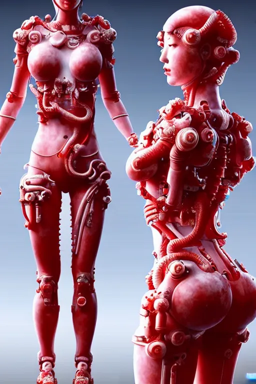 Prompt: a statue made of red marble, of an beautiful chinese girl, full body shot, perfect body, white red biomechanical, inflateble shapes, wearing epic bionic cyborg implants, masterpiece, intricate, biopunk futuristic wardrobe, vogue, highly detailed, artstation, concept art, background galaxy, cyberpunk, octane render