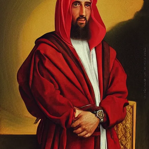 Image similar to renaissance oil portrait of a sheikh, wearing expensive clothes, by Arthur Adams, Diego Gisbert Llorens