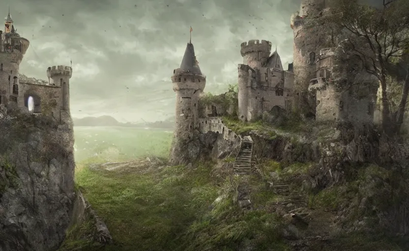 Image similar to a abandoned castle on the edge of a high cliff, 8 k, shallow depth of field, intricate detail, concept art,