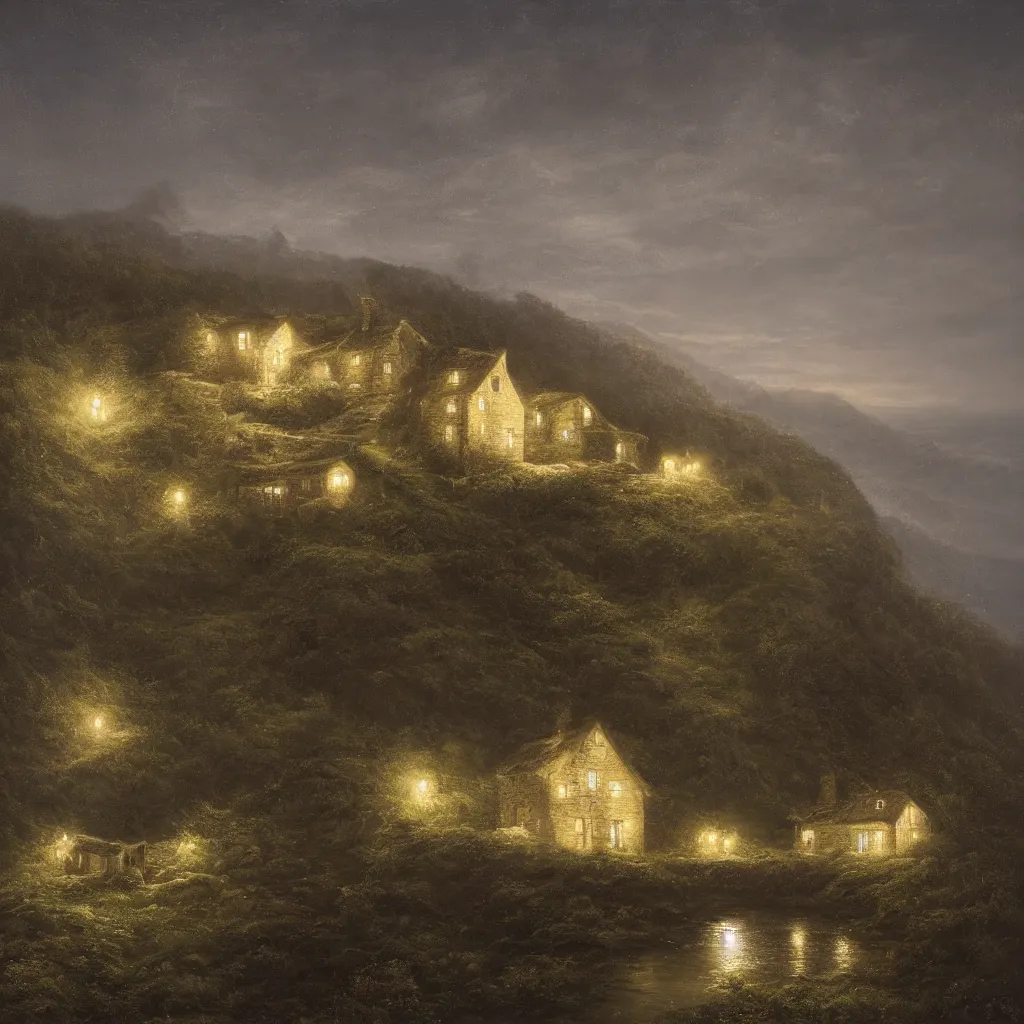 Prompt: A singular decrepit cottage on a mountaintop at night, by Lee Madgwick, hyperrealistic, V-Ray 8k UHD