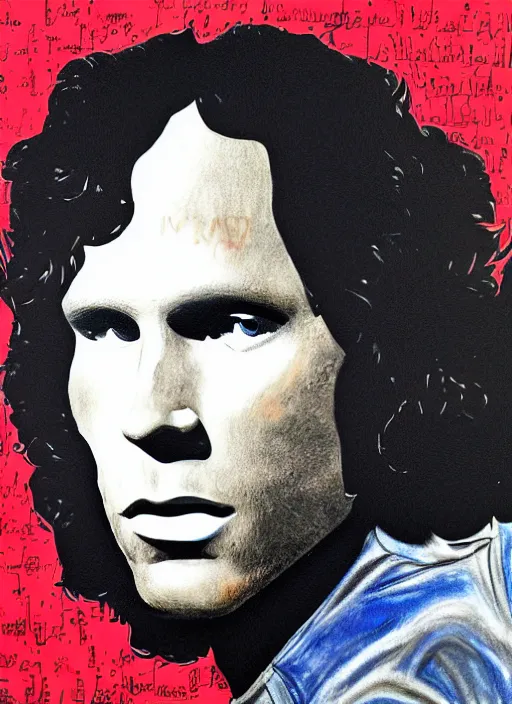 Image similar to Jim Morrison, The Doors, 1970's, Detailed, Mixed Media, Cream paper, black, red, cyan