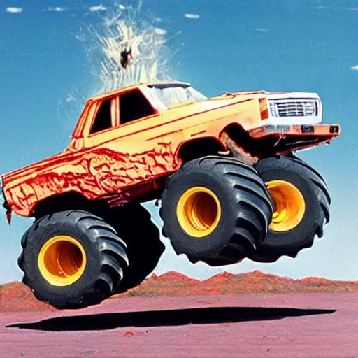Prompt: monster truck melting and dripping, VHS, 80's movie