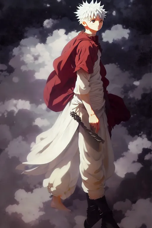 Image similar to baroque oil painting full body portrait character concept art, anime key visual of killua zoldyck studio lit directed gaze, trending on pixiv fanbox, painted by greg rutkowski makoto shinkai takashi takeuchi studio ghibli