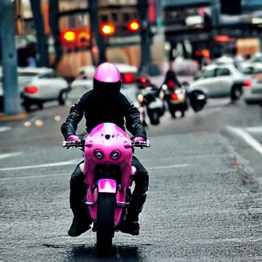 Image similar to hyper realistic, photo, humanoid pink female Squid girl, popping motorcycle wheelie on fast in the rainy city traffic