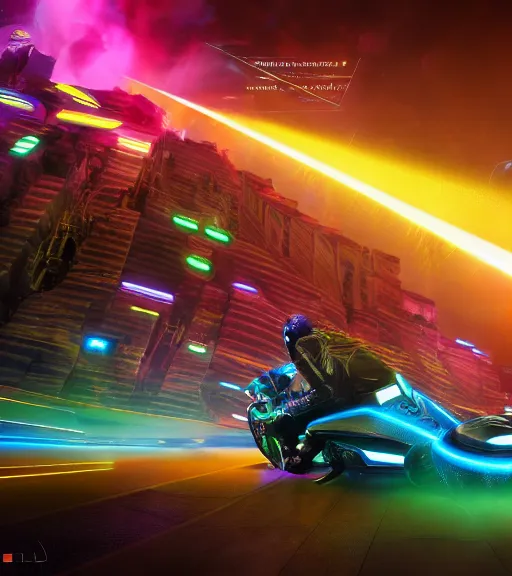 Image similar to extremely psychedelic tron legacy crowded motorcycle race to the ancient and majestic tower of babylon destroyed, hyper realistic, ambient lighting, concept art, intricate, hyper detailed, trakovsky greatest scene, smooth, dynamic volumetric lighting, octane, raytrace, cinematic, high quality, high resolution, 4 k, cgsociety, rutkowski, gurney