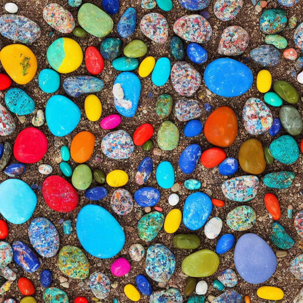 Prompt: rainbow rocks outdoor sculpture, desert with pills of bright blue water, birds eye view