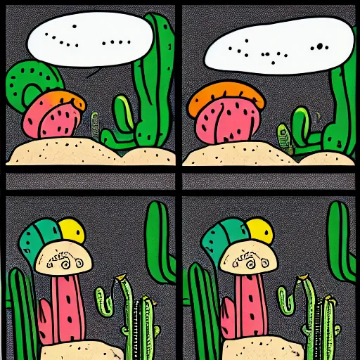 Prompt: cactus talking to mushroom comic