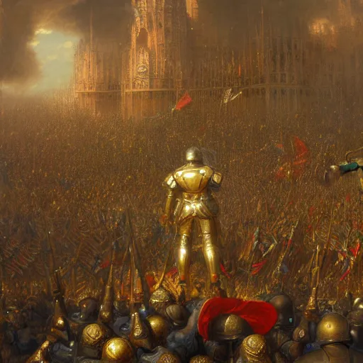 Image similar to artstation concept of a man in armor standing in a crowd gettig cheered, bright colorful, gold, hyperdetailed, artstation trending, world renowned artists, worth 1 0 0 0. com, historic artworks society, antique renewel, cgsociety, by greg rutkowski, by gustave dore, deviantart