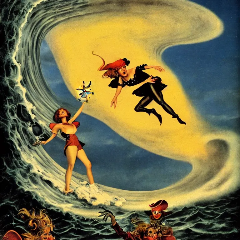 Image similar to a pirate witch summoning a giant wave by remedios varo and art frahm and earl moran and fritz willis and gil elvgren