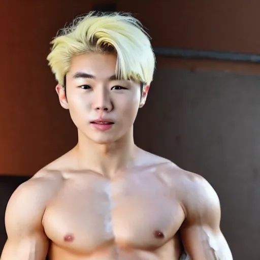 Prompt: a blond korean 2 0 year old man with large muscles and abs