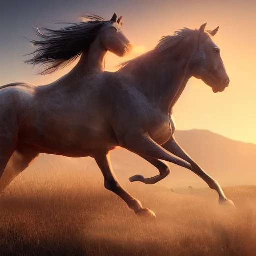 Image similar to spirit, the brown wild horse with white pastern flexion from the spirit movie, with the girl lucky on his back galloping next to a canyon into the sunset, movie poster, intricate detail, 8 k, trending on artstation, octane render