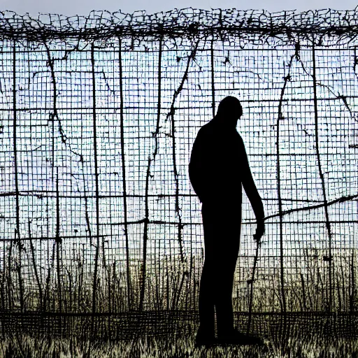 Image similar to a man standing in front of a fence with barbed wire, minimalism, dystopian art