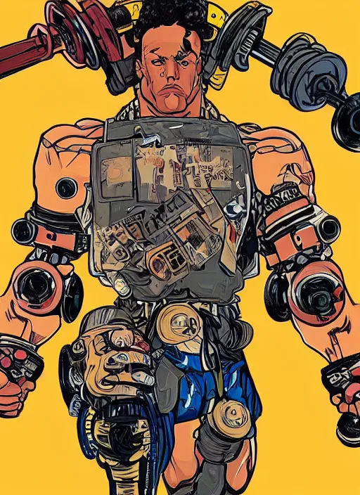 Image similar to buff cyberpunk weight lifter. robotic arm. portrait illustration, pop art, splash painting, art by ashley wood, alphonse mucha, laurie greasley and josan gonzales ( apex legends )