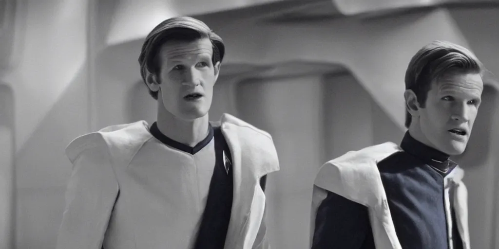 Prompt: Matt Smith as Doctor Who, in Starfleet uniform, in the role of Captain Kirk in a scene from Star Trek the original series