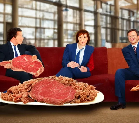 Image similar to realistic photograph of couch made out of meat, business men sitting on couch made out of meat and talking,