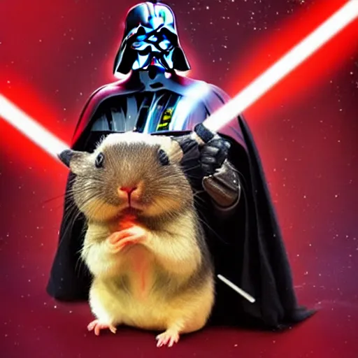 Image similar to a beautiful photo of darth vader riding on a hamster, darth vader on the back of a hamster trending on instagram