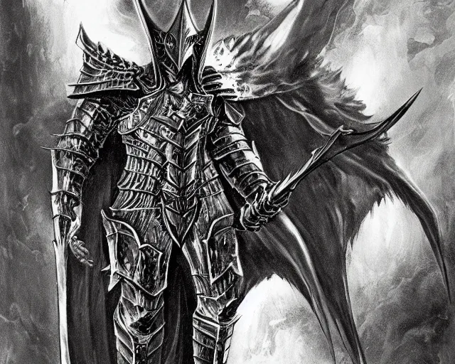 Image similar to sauron in full armour, concept art by mike ploog, greyscale,