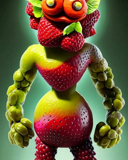 Prompt: a fruit figurine monster made of different fruit, 3 4 5 3 1, walking around in a forest, staring wide open eyes, open mouth, very detailed eyes, trees in the background, sunlight, oil painting, highly detailed, dramatic lighting, hyperrealistic, 8 k, smooth, intricate, artstation, cgsociety, by artgerm, by wlop