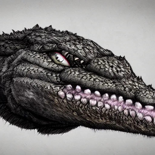 Image similar to Fur covered crocodile with a wolve's head, concept art, photoshop artwork, highly detailed