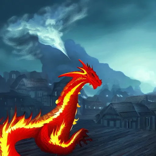 Image similar to Dragon spits fire on a man, burning village in background, plumes of smoke in background, at night, digital painting, highly-detailed
