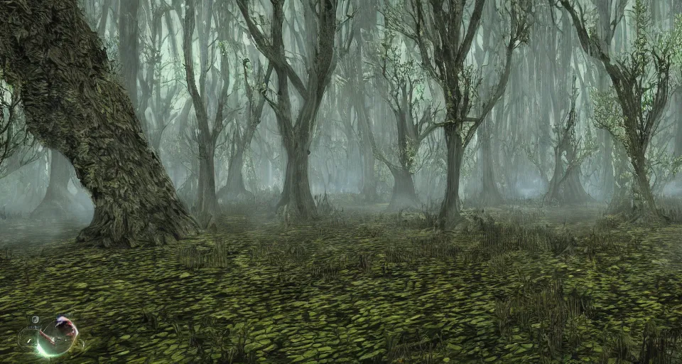 Image similar to A dense and dark enchanted forest with a swamp, from Lineage 2