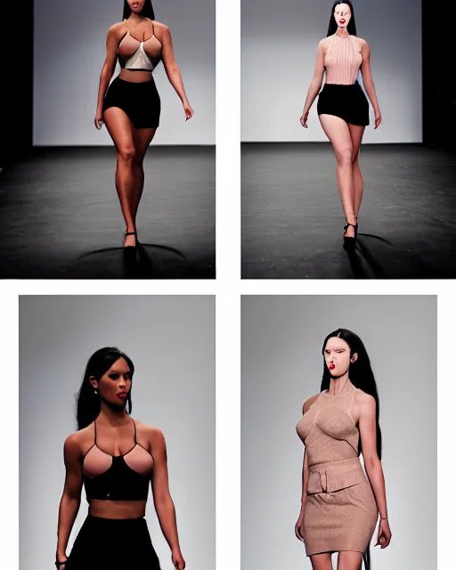 Image similar to multi panel storyboard of olivia wearing different outfits, runway model at new york fashion week, fit curvy physique, black hair, freckles, pale skin, multiple angles, photo by greg rutkowski, stage lighting, soft colors, female beauty, intricate detail, elegance, 3 5 mm, depth of field, masterpiece