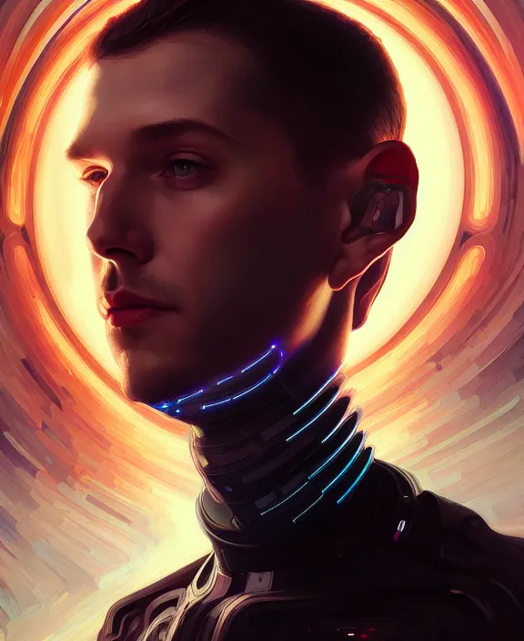 Image similar to a whirlwind inside the metaverse, guy, male, man, hologram, half body, neurochip, android, cyborg, cyberpunk face, by loish, d & d, fantasy, intricate, elegant, highly detailed, colorful, digital painting, artstation, concept art, art by artgerm and greg rutkowski and alphonse mucha