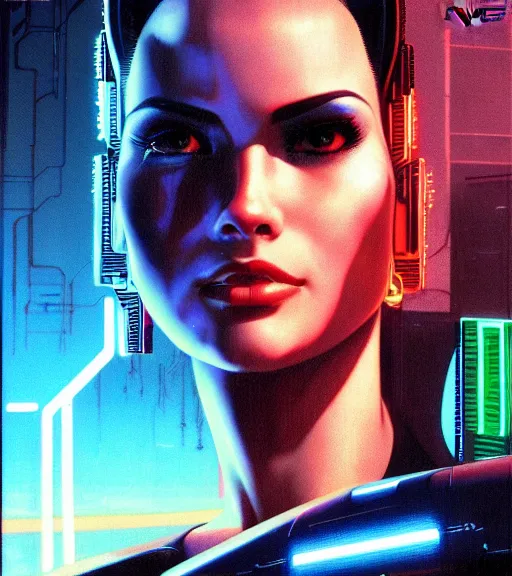 Image similar to cable plugged in, side of head, very very beautiful woman, cyberdeck computer terminal, street level night city, 1 9 7 9 omni magazine cover, style by vincent di fate, artgerm, cyberpunk 2 0 7 7, very coherent, detailed, 4 k resolution, unreal engine, daz