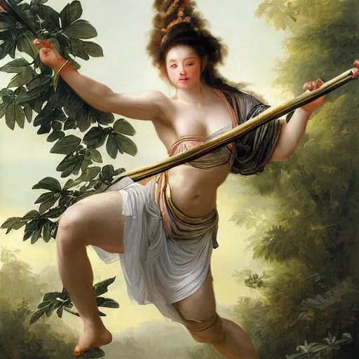 Prompt: sun wukong flying with a racket as Nike Goddess portrait, wings, luxuriant, dreamy, eternity, romantic, strong pose, highly detailed,in the style of Franz Xaver Winterhalter, highly detailed,in the style of Aetherpunk