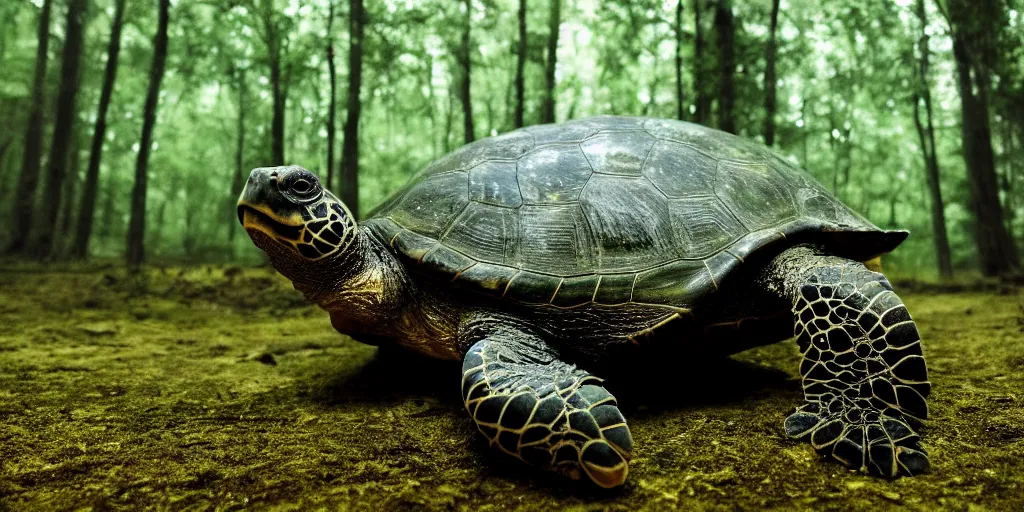 Image similar to huge turtle with in a ancient bioluminescent forest on its back, full moon, moody lighting, 8 k, shallow depth of field, intricate detail,