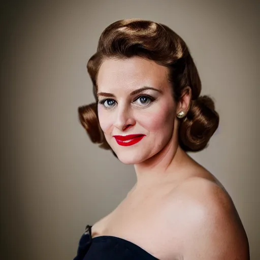 Image similar to female Emmanuel Macron dressed as a 1950 pinup woman, 50mm photography, high quality, 4K