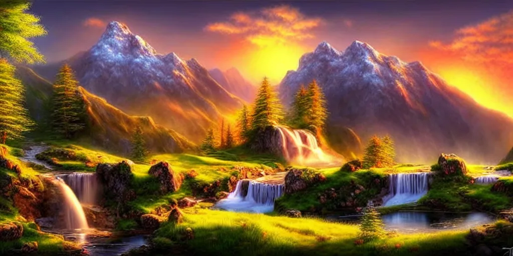 Image similar to a beautiful fantasy landscape, mountain in background, a waterfall in the mountains, little cottage, small pond, some trees in the corner, sunrise, hyper realism, artgem, art by philipp urlich