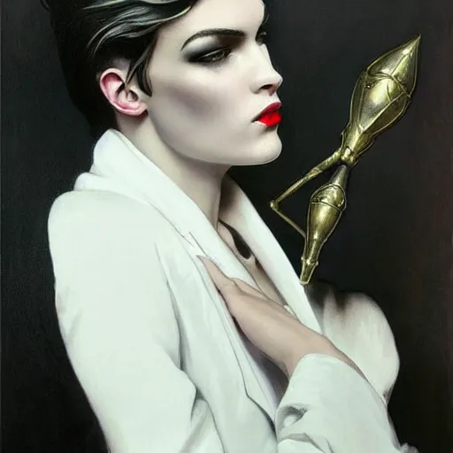 Image similar to beautiful portrait of androgynous ruby rose as desire from sandman in a white tuxedo!!!, rockabilly style, by alphonse mucha, cedric peyravernay, by jeremy mann, by frank moth, white suit and black tie, soft lightning, high detailed, 8 k