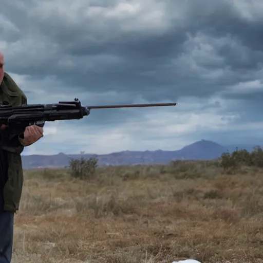 Prompt: Film Still of Mike Ehrmantraut aiming a sniper rifle in a new Breaking bad movie, 8k, highly detailed, centered