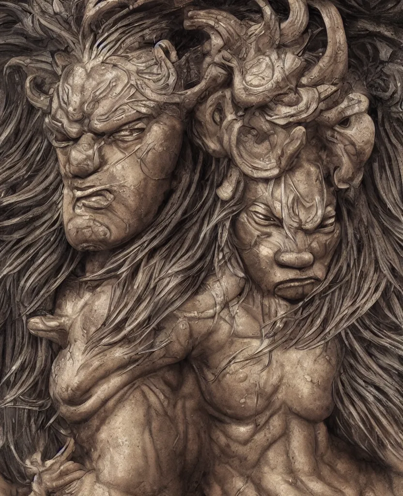 Image similar to ancient japanese, oni goddess statue, painted, bust portrait body, kamakura period, hyper realistic, texture details, high fidelity, like arsen asyrankulov, intricate, highly detailed, digital painting, artstation, concept art, smooth, sharp focus, illustration, art by artgerm and tian zi and alphonse mucha and greg rutkowski,
