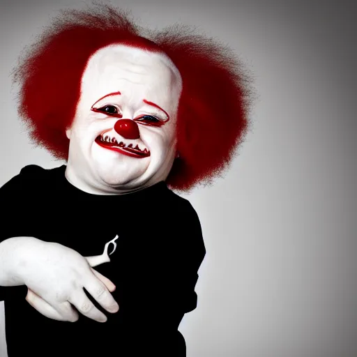 Image similar to portrait of down syndrome midget ronald mcdonald sharp focus, 4 k editorial photograph, soft lighting, black background