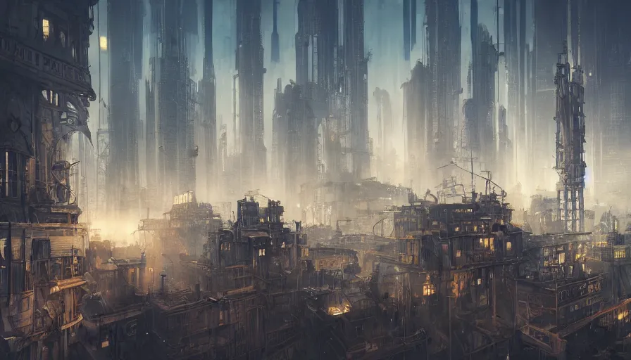 Prompt: Dieselpunk city with skyscrapers, steam, airships in the sky, petrol in the ponds and rivers, epic composition, intricate, elegant, volumetric lighting, digital painting, highly detailed, artstation, sharp focus, illustration, concept art, ruan jia, steve mccurry