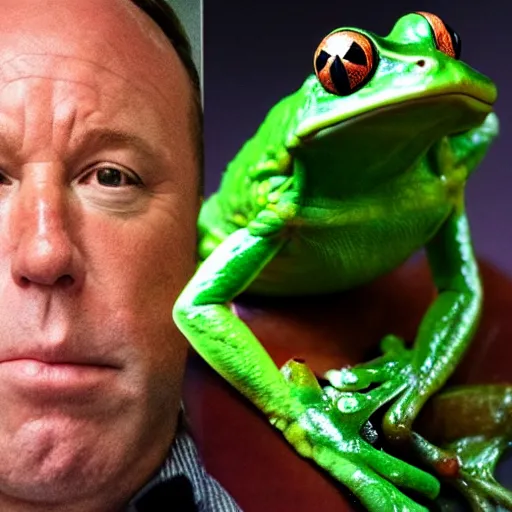 Prompt: Alex Jones with frog legs and a frog body his face is on a frog
