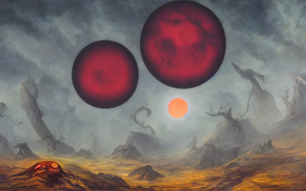 Image similar to black dead sun howling nightmare mythos dread sun of the void above the tomb wastes, award winning oil painting, dream mythos color palette