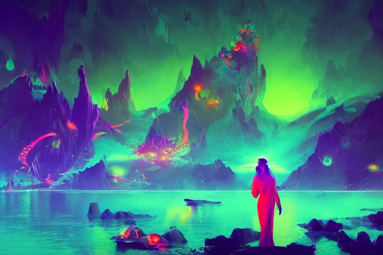 Image similar to wide ((wide)) photo of surreal beautiful beautiful woman (((dynamic neon lighting)) in chromatic dmt trippy lake with glowing birds, mountains, elegant, highly detailed, sharp focus, illustration, beautiful, geometric, trending on artstation, cinematic, artwork by Tran, Ross and Aivazovsky, Ivan