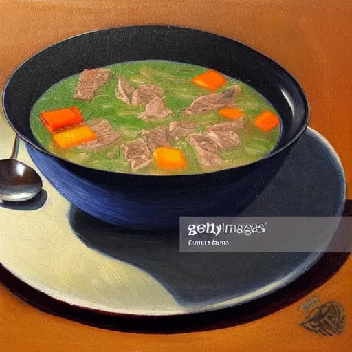 Prompt: a bowl of steak soup on a table lower corner view in the style of loish van baarle, painting, fancy