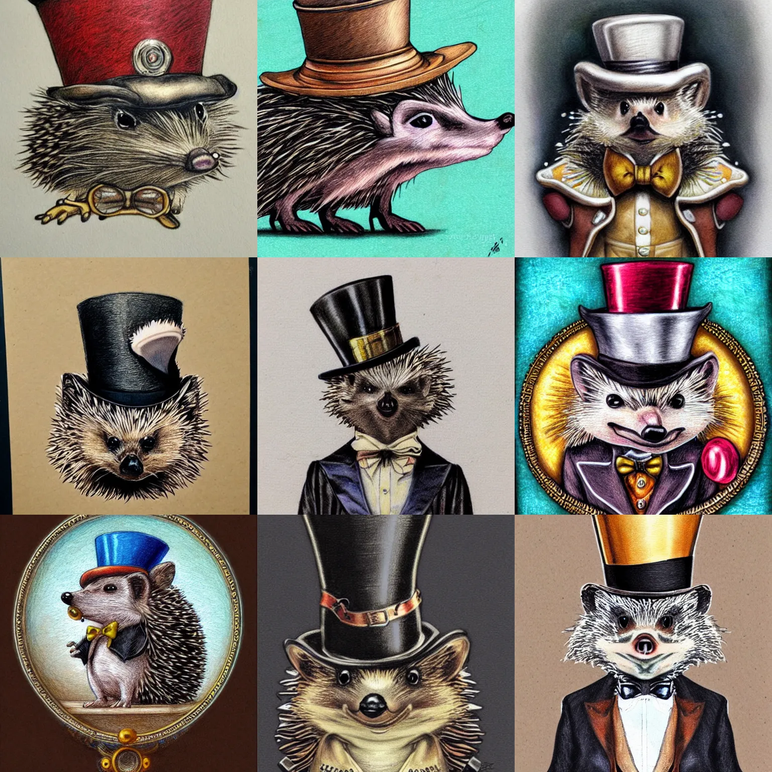 Image similar to hedgehog wearing a top hat, steampunk, portrait, colored pencil art, detailed, intricate