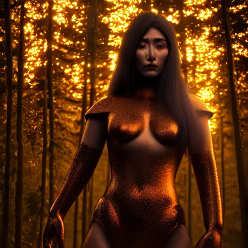 Image similar to highly detailed, ultra realistic, cinematic, woman full body with a copper nose and copper claws, high detail, 8 k, sharp focus, movie still, dramatic lighting, ray tracing, smooth, a female evil demonic character of kazakh mythology, jeztyrnak, standing in the night forrest