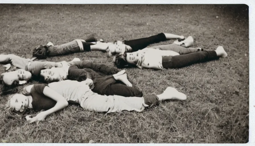 Prompt: A burnt! polaroid photograph of some 70s teenagers lays on the ground