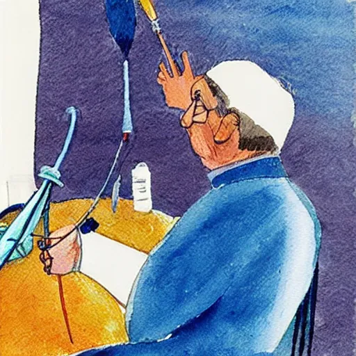 Prompt: a doctor performing surgery on a rocket, watercolor by eric carle, traced by pencil, high detail, peaceful mood