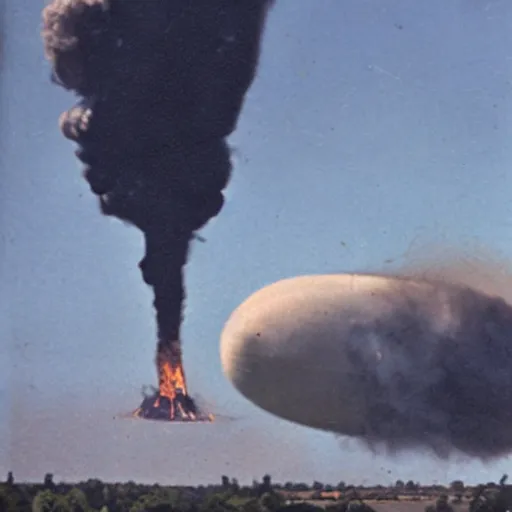 Prompt: the goodyear blip laughing at the hindenburg as the hindenburg goes down in flames, 4 k, realistic photo