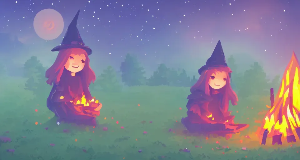 Image similar to Pixelart of a small cute witch sitting at a cozy bonfire in the forest meadow under starry sky, volumetric lighting, glowing lights, 4k, octane, digital pixel art, pixiv, by Aenami