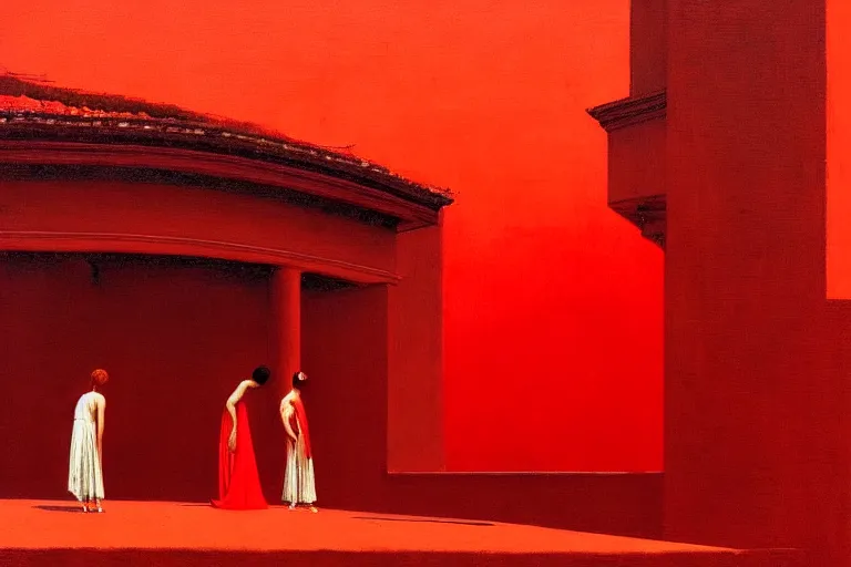 Image similar to only with red, a red great emperor, taormina amphitheatre, crowd with big smile, in the style of beksinski, parts by edward hopper, parts by rodcenko, parts by yue minjun, intricate and epic composition, red by caravaggio, insanely quality, highly detailed, masterpiece, red light, artstation, 4 k