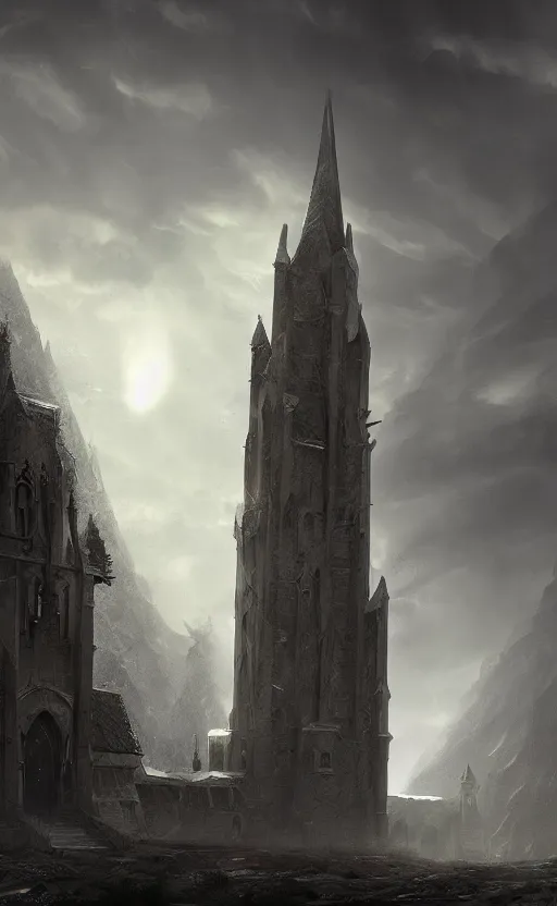 Prompt: concept art, matte painting, dark small church on a hill, fantasy style, Dark Souls style, highly detailed, WLOP, artstation