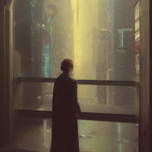 Image similar to detailed portrait of a woman, moment, cyberpunk cloisters, electronic billboards, tech noir, wet reflections, atmospheric, ambient, livia prima, greg rutkowski, edward hopper